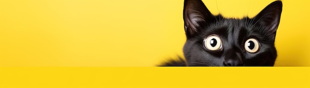 Captivating black cat against bold yellow background perfect for eyecatching advertisements special promotions or creative projects Copy space for text Panoramic banner Generative AI