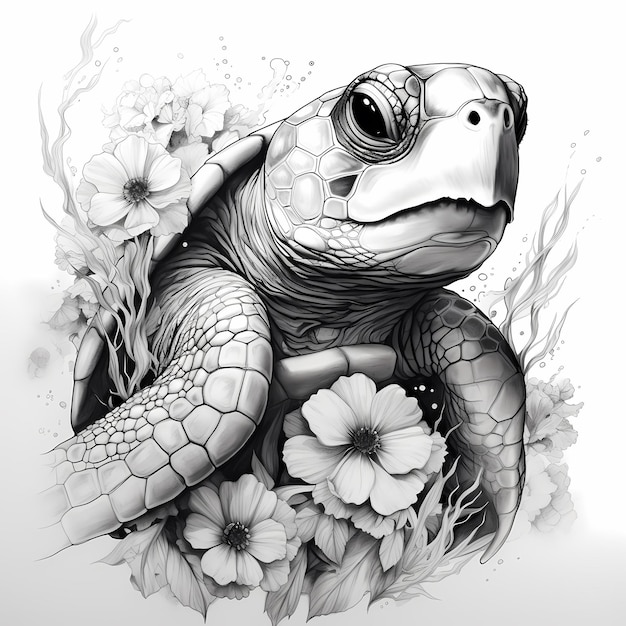 Увлекательный черно-серый рисунок черепахи и подводных цветов