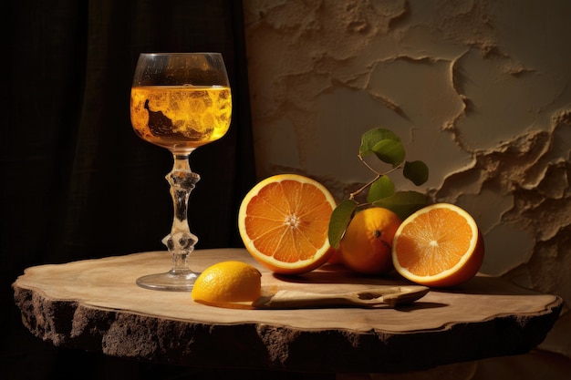 A Captivating Blend The Elegance of Still Life with a Wine Glass Dried Citrus Slices and a Podium