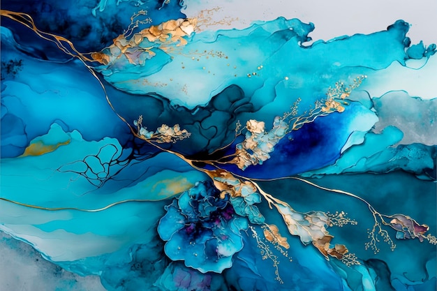 Захватывающая иллюстрация синими и золотыми спиртовыми чернилами: потрясающее произведение искусства, созданное с тщательной точностью и тщательным смешиванием цветов, созданное с помощью технологии генеративного искусственного интеллекта