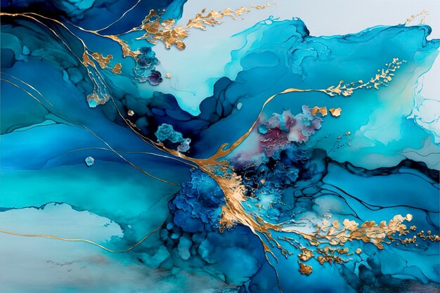 Captivating blue and gold alcohol ink illustration: a stunning artwork created with meticulous precision and careful blending of colors created with generative ai technology