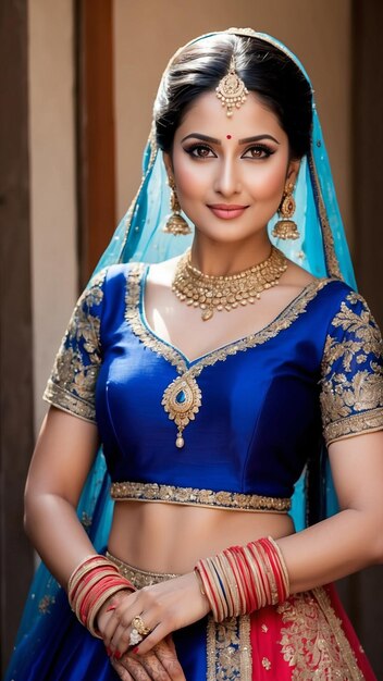 Captivating Bridal Bliss Portrait of an Attractive Indian Bride Radiating Beauty in Bridal Lehenga and Ornate Jewelry generative ai