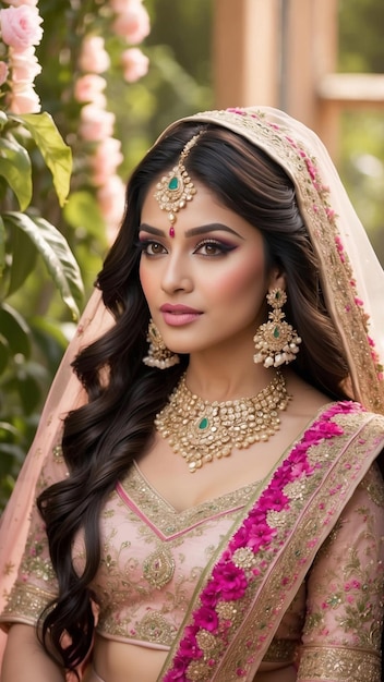 魅力的なインド人新婦の肖像画 魅力的なインドの新婦の美しさを放射する新婦のレヘンガと装飾された宝石 generative ai