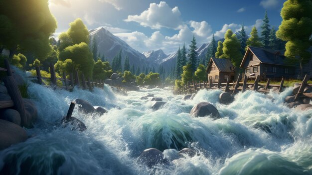 Photo captivating cgi exploring the spectacular and dynamic power of a raging river influenced by pixar