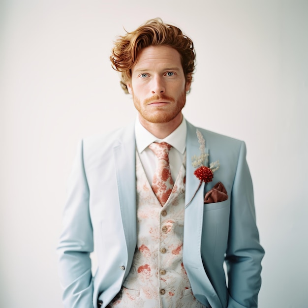 The captivating charm of a french bohemian groom redhaired and radiant in a light blue wedding sui