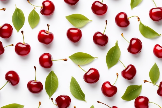 Photo captivating cherry delight a vibrant flat lay of luscious cherries and leaves on a white canvas a