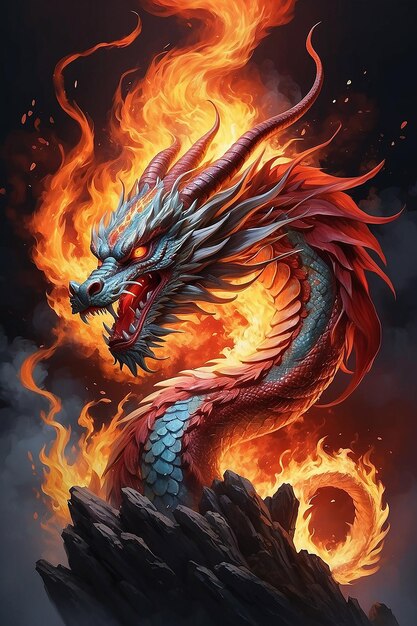 Captivating Chinese dragon exuding energy and passion artwork with bold red flame