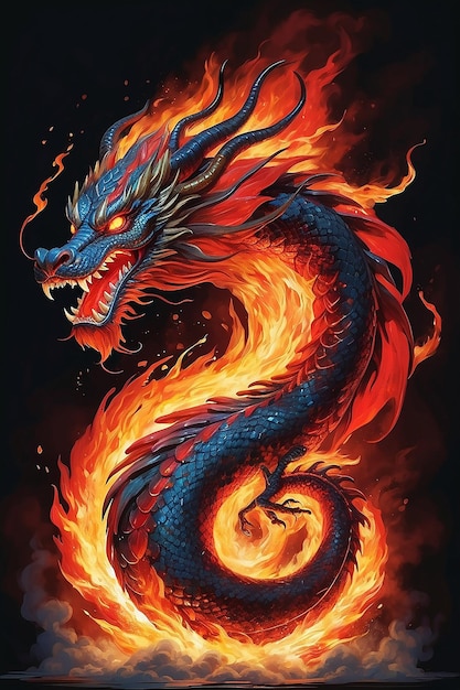 Captivating Chinese dragon exuding energy and passion artwork with bold red flame