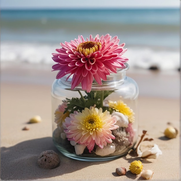 A Captivating Chrysanthemum Jar Amidst Beach Serenity AI GENERATED