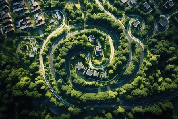 Captivating cityscape unveiling twisted roads embraced by urban parks in aerial photograph