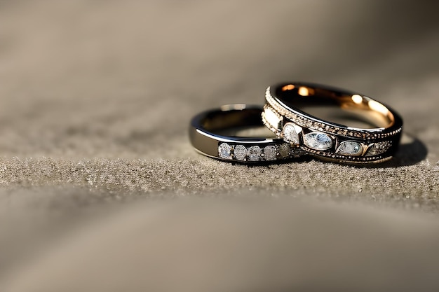 사랑과 헌신의 영원한 결속을 상징하기 위해 섬세하게 얽힌 두 개의 결혼 반지의 매혹적인 클로즈업 샷 기념일 발렌타인 또는 약혼을 위한 보석 금 다이아몬드 반지