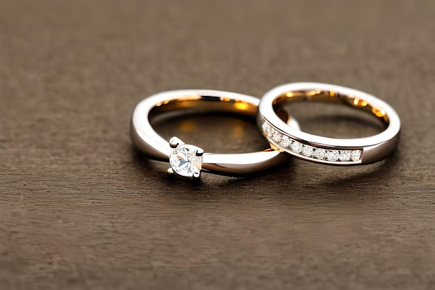 Captivating close up shot of two wedding rings delicately intertwined to symbolize the everlasting bond of love and commitment Jewelry gold diamond ring for anniversary valentine or engagement