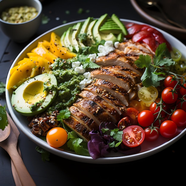 A captivating close up top down photograph of a homemade creamy avocado and grilled chicken Cobb