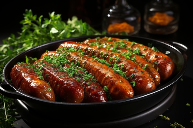 Photo captivating closeup aromatic herbs enhance a plate of german bratwurst sausages