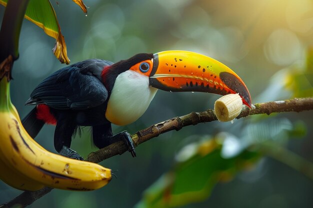 Photo a captivating closeup of a bigbeaked toucan feasti generative ai