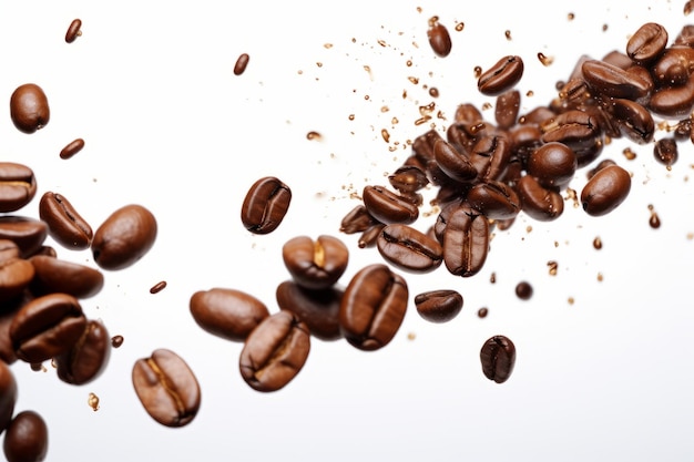 Photo captivating closeup coffee beans in motion amidst splashing coffee on white background