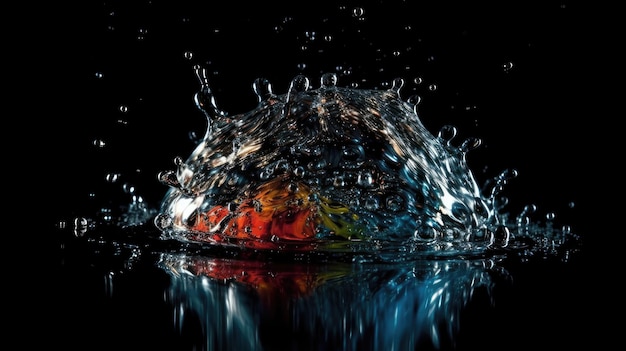 어두운 배경 에 크리스탈 투명 한 물 의 스프레이 에  ⁇ 싸인 다채로운 물체 의 매혹적 인 클로즈업