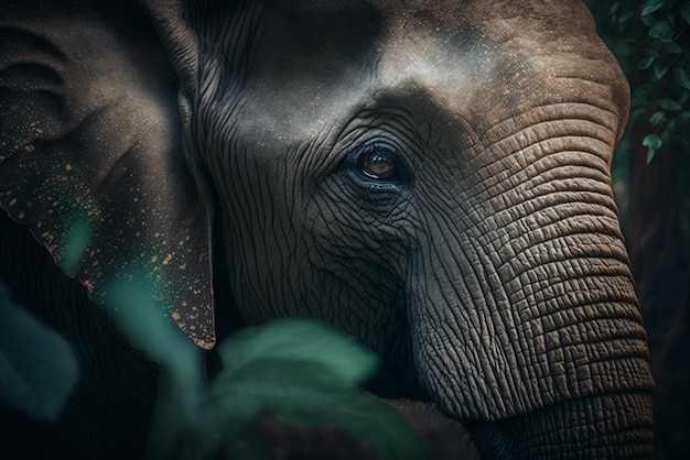 Захватывающий крупный план слона в пышном лесу