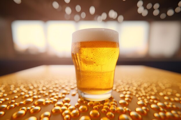 Photo captivating closeup generative ai renders a refreshing beer drop on table in 32 ar