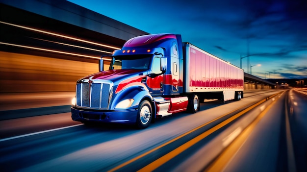 A captivating closeup image of a container truck speeding along the highway illustrating the efficiency and speed of modern cargo transportation