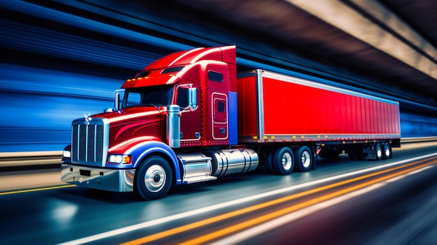 Foto un'accattivante immagine in primo piano di un camion portacontainer che sfreccia lungo l'autostrada che illustra l'efficienza e la velocità del moderno trasporto merci