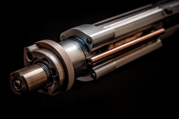 A captivating closeup of a linear actuator capturing its intricate metallic details