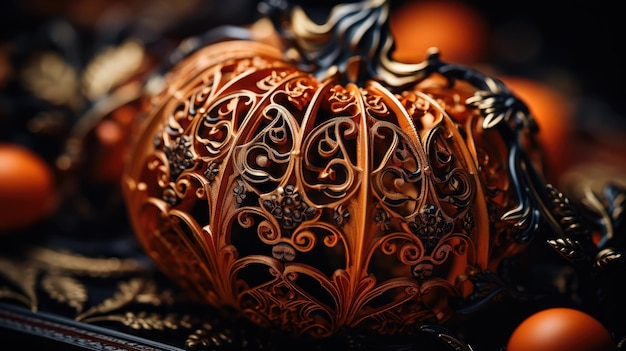 A captivating closeup photograph of a bright orange pumpkin with intricate carvings