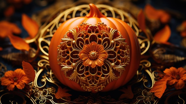 A captivating closeup photograph of a bright orange pumpkin with intricate carvings