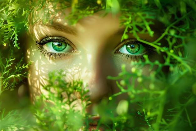 Captivating closeup shot of a persons eyes peering through lush green leaves highlighting natural beauty