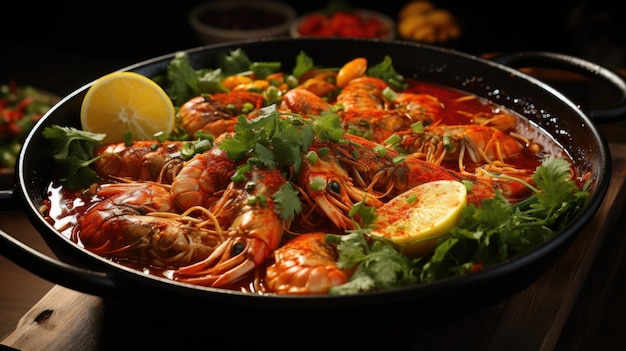 Captivating closeup Tom Yum Goong a spicy shrimp soup embodying Thai cuisine's essence