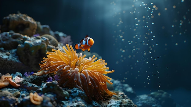 Captivating clownfish swimming above vibrant sea anemone marine life in tranquil underwater world photography serene aquatic scene AI