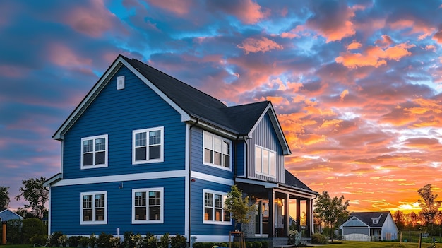 A captivating cobalt blue house with siding adding a splash of bold color to the suburban scenery under a vibrant sky