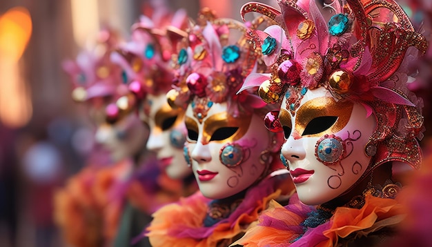 Captivating and colorful masquerade ball at venice carnival with ornate masks and exquisite costumes