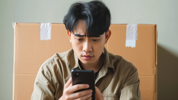 Captivating the Conflicting Emotions An Asian Mans Dilemma with a Smartphone Amidst a Cardboard Bo