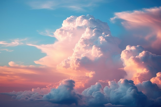 Увлекательный кумулус Удивительный крупный план пушистых облаков заката на фоне голубого неба