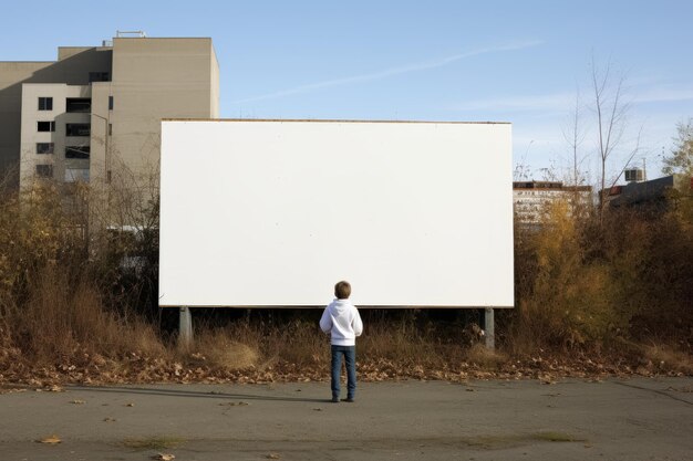 Photo captivating curiosity the boy with a blank billboard