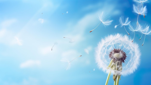 Photo captivating dandelion seeds float through the sky