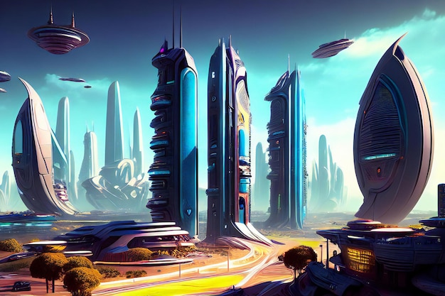 A captivating depiction of a futuristic cityscape with soaring skyscrapers and advanced technology