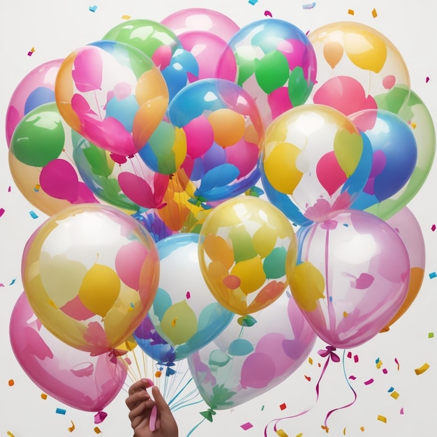 Foto design accattivante con palloncini trasparenti pieni di confetti colorati che aggiungono un tocco di sorpresa