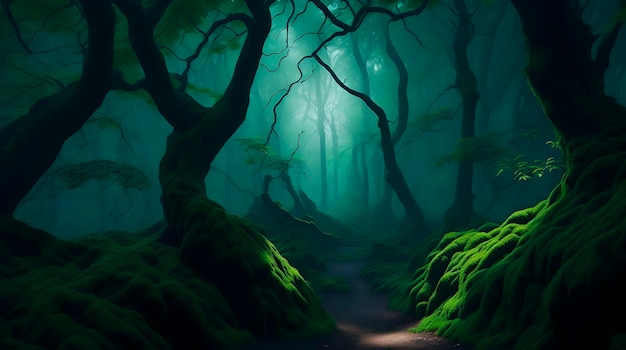 霧に包まれた緑豊かなエメラルドグリーンの森をフィーチャーした魅惑的なデスクトップの背景