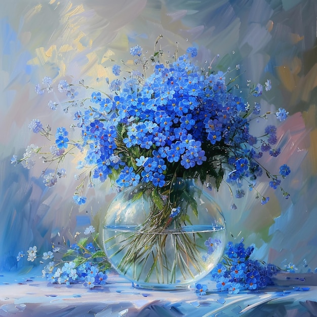 인공지능 으로 만들어진 꽃병 에 있는 파란색 꽃 들 의 매혹적 인 전시