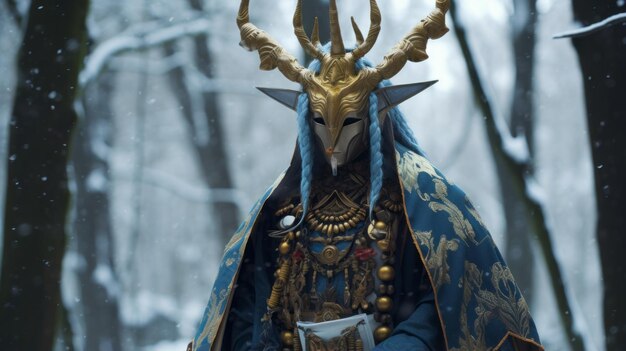 Photo captivating documentary photos of a blue and gold male creature in elaborate costumes