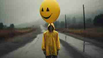 Photo captivating documentary photos a man with a smiley face balloon