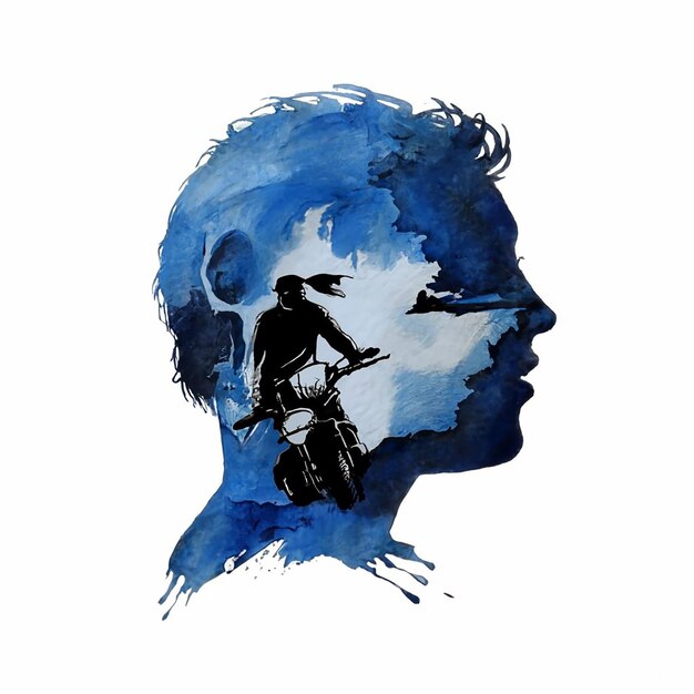 A captivating double exposure of a silhouette of a motorcyclist and a skull Blue tones on white bac