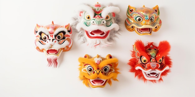 写真 魅惑的な龍と獅子舞の仮面 中国の旧正月の伝統を平置きで讃える