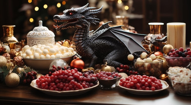 A captivating dragonthemed Yuletide banquet with dragon figurines jovial decor and merry family reunions