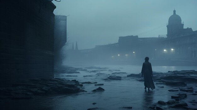 Photo captivating dystopian atmosphere a man walking by a foggy river