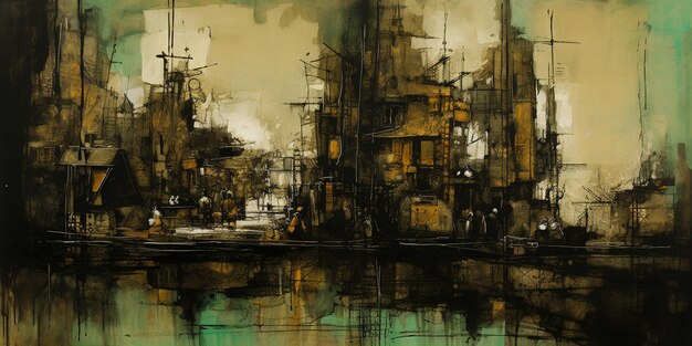 A Captivating Eclectic Montage of Black Green and Sepia Ink Oil Painting on Canvas AI generated