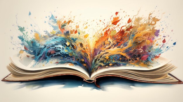 창의력과 상상력을 상징하는 열린 책의 페이지에서 떠오르는 다채로운 추상 예술의 매혹적인 폭발