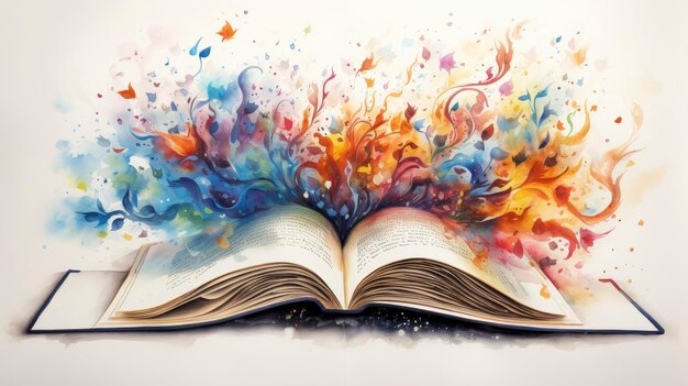 A captivating explosion of colorful abstract art emerging from the pages of an open book symbolizing creativity and imagination